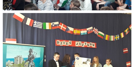 Powiększ grafikę: Collage ze zdjęć - uczniowie klasy 4b prezentujący Szkocję.