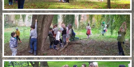 Powiększ grafikę: Kolaż zdjęć - dzieciaki zbierają jabłka z drzew.