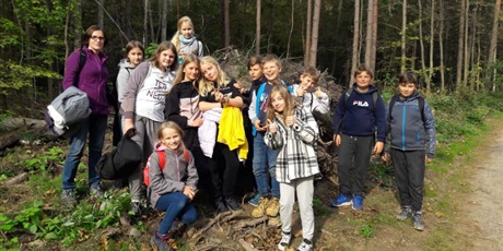 Powiększ grafikę: Uczniowie klasy 6 na tle lasu.