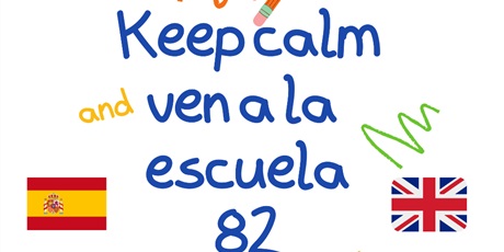 Powiększ grafikę: Plakat reklamujący szkołę sp82 z napisem w języku hiszpańskim i angielskim.