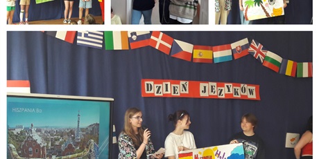 Powiększ grafikę: Collage ze zdjęć - uczniowie klasy 8a prezentujący Hiszpanię.
