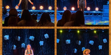 Powiększ grafikę: kolaż przedstawiający uczestników Gdańskiego Konkursu Recytacji i Form Scenicznych "Liryczna Scena Mistrzów" podczas recytacji oraz po otrzymaniu dyplomów