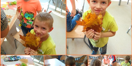 Powiększ grafikę: Uczniowie w trakcie wykonywania prac plastycznych z liści.