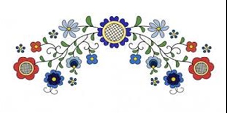 Powiększ grafikę: Grafika przedstawiające motyw kaszubski kwiatów. Kwiaty są czerwone i niebieskie, a łodygi i listki zielone. 