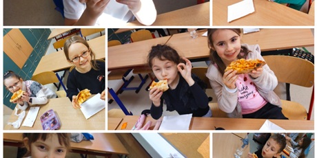 Powiększ grafikę: Kolaż zdjęć dzieci jedzących pizzę.