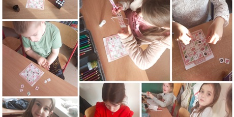 Powiększ grafikę: Kolaż zdjęć dzieci skupionych na rozwiązaniu kolorowego sudoku z dodatkami do pizzy.