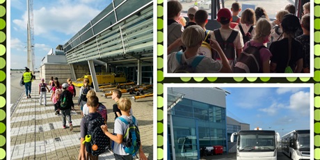 Powiększ grafikę: Kolaż zdjęć - Uczniowie zwiedzają z przewodnikiem teren lotniska.