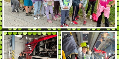 Powiększ grafikę: Kolaż zdjęć - Uczniowie w drodze do Portu Lotniczego w Gdańsku i podczas zwiedzania hangaru straży pożarnej.