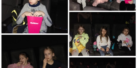 Powiększ grafikę: Kolaż zdjęć dzieci siedzących w kinie, oglądających film i jedzących popcorn. 