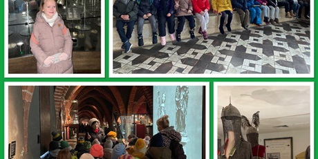 Powiększ grafikę: Kolaż zdjęć - dzieci zwiedzają Muzeum Zamkowe i poznają historię Zakonu Krzyżackiego