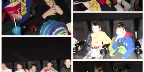 Powiększ grafikę: Kolaż zdjęć dzieci siedzących w kinie, oglądających film i jedzących popcorn. 